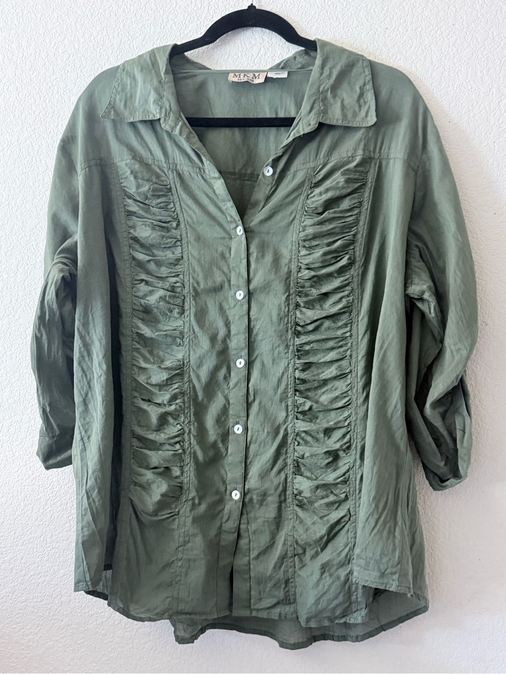 MKM Designs Olive Green Ruffle-Front Button Down Shirt 0079